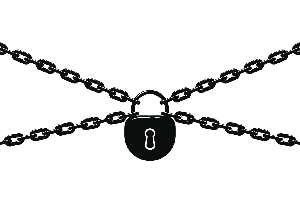 llustration of black metal chain and padlock isolated on white background.